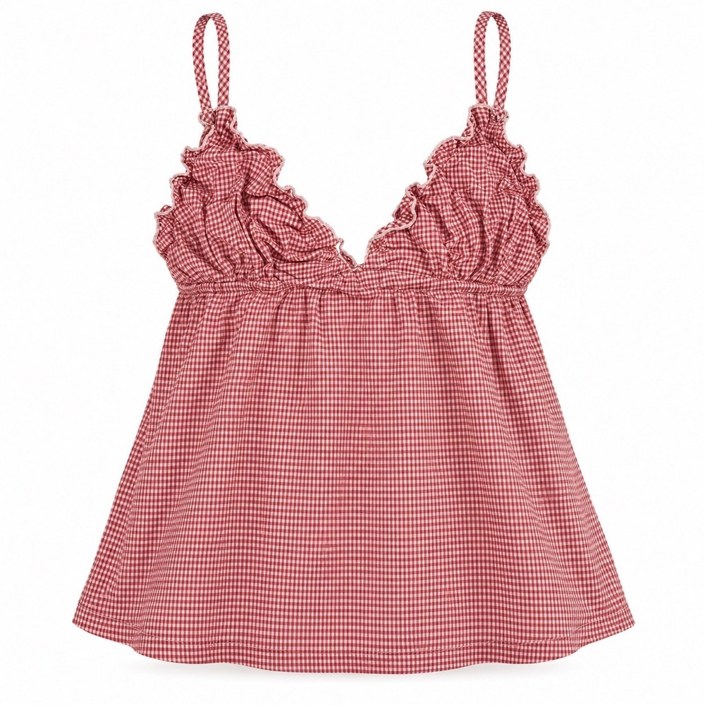 John Galt Red Gingham Ruffle Babydoll Camisole Tank Top One Size